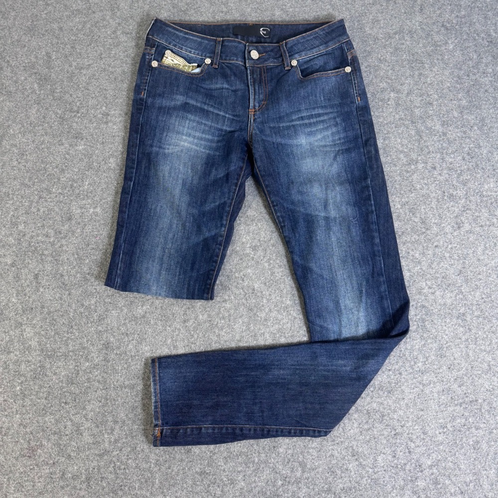 Just Cavalli Women Dark Wash Straight Leg Jeans Gold Logo Plate Size 29 Italy